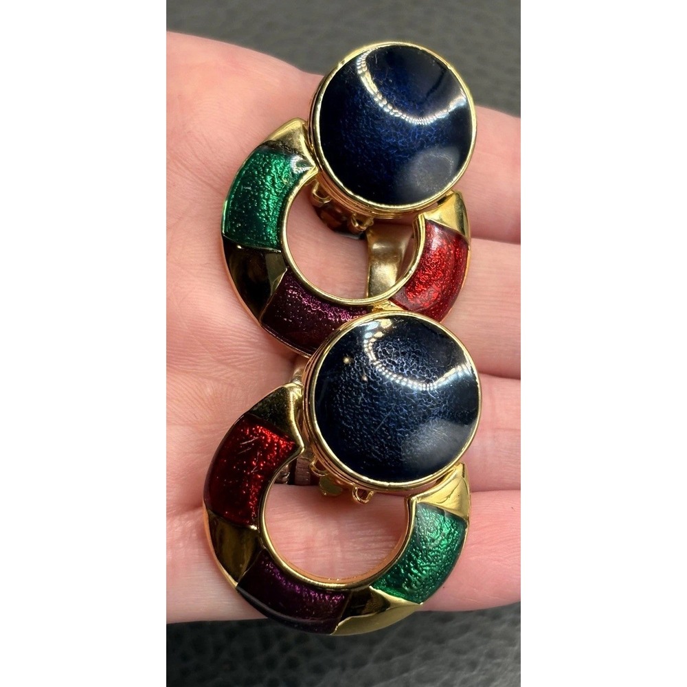 VTG 80s Door Knocker Runway Hoops Blue Red Green Enamel Colorful Clip Earrings